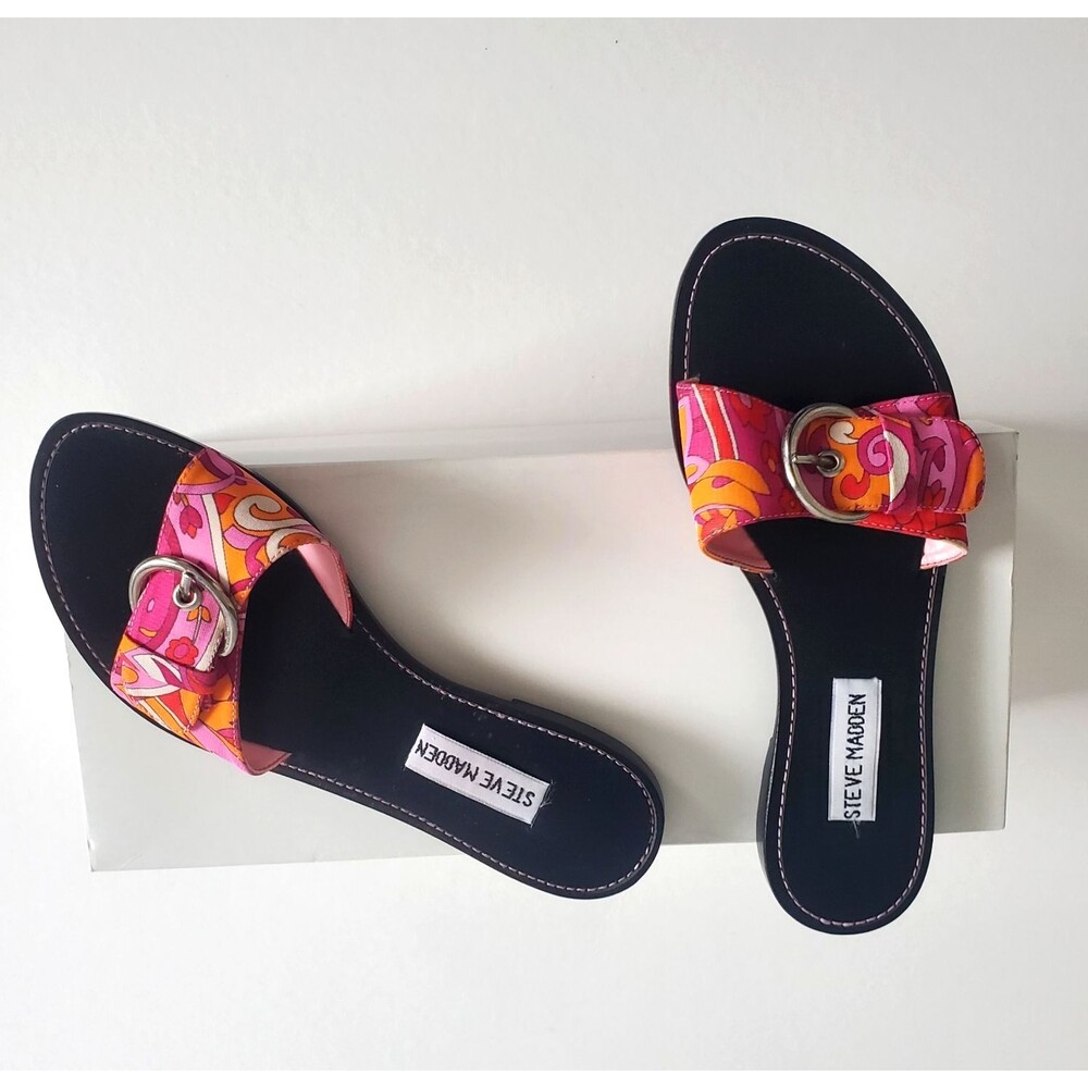 Steve Madden Women’s Sandals 6.5 Carrlee Pink Orange Groovy Print Buckle Slide